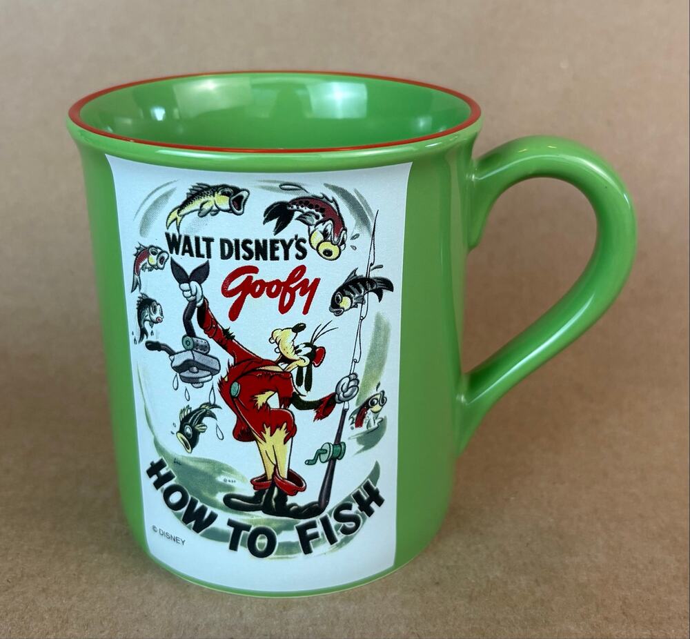 Disney Store Goofy How to Fish Green Ceramic Coffee Mug 1942 Classic Retro Cup